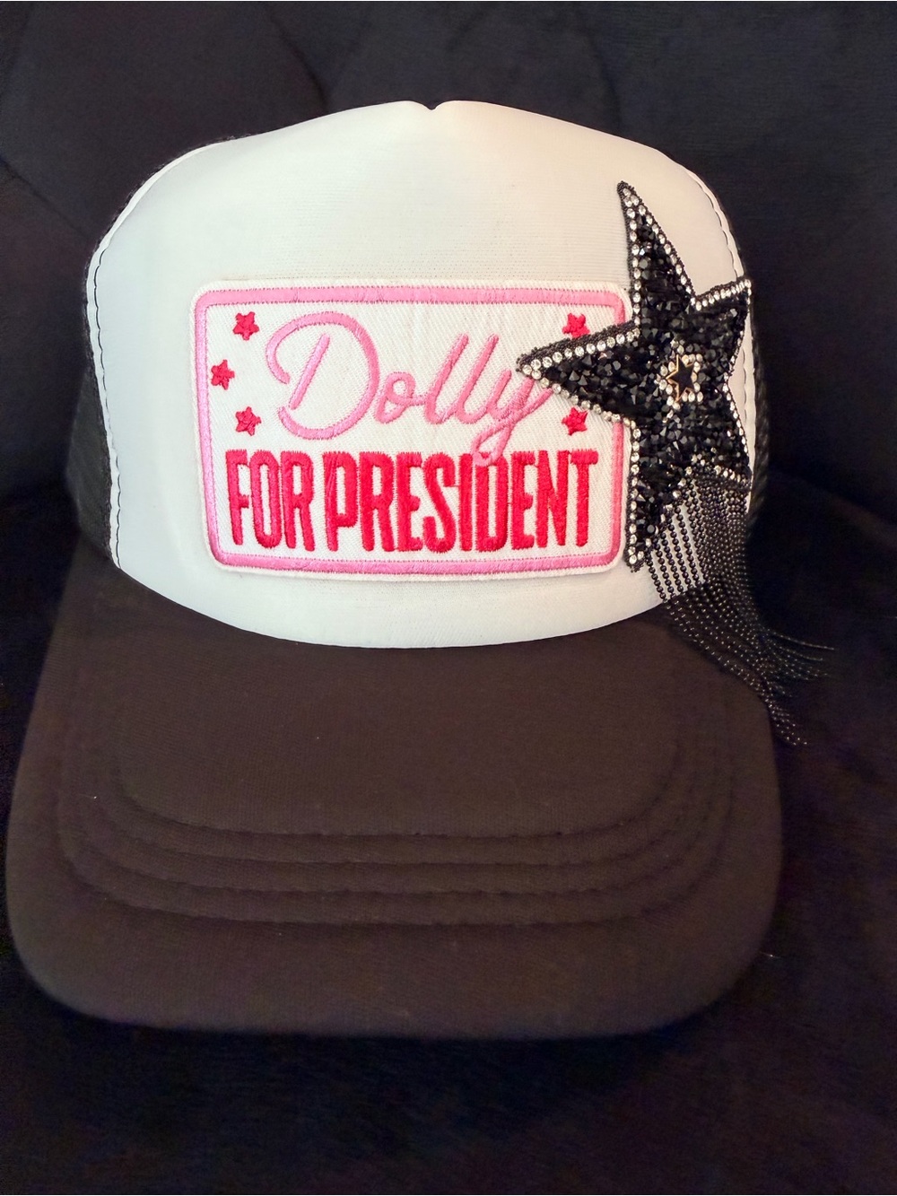 Dolly Parton White, Black & Pink 'For President' Trucker Hat with Sequin Star